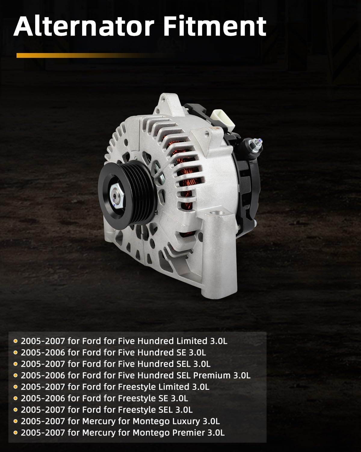 OCPTY Alternators Alternator 2005-2007 for Ford Five Hundred 3.0L,2005-2007 for Ford Freestyle 3.0L,2005-2007 for Mercury Montego Luxury/Premier 3.0L,12V 130Amp S6,Replaces 8442N, 8442, 5F9T10300AC