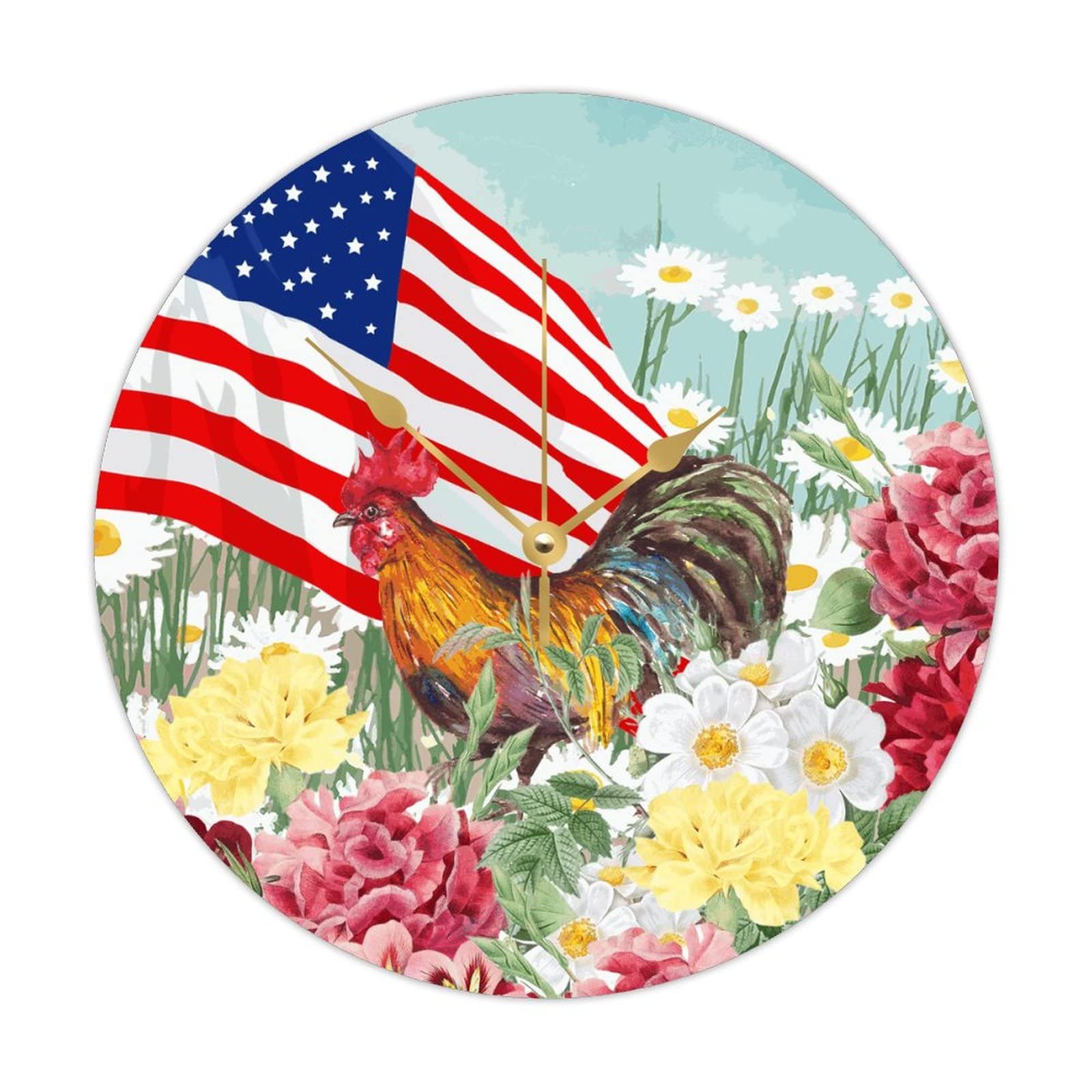 Horloge murale en bois drapeau USA et coq rustique de 38 cm de diamètre