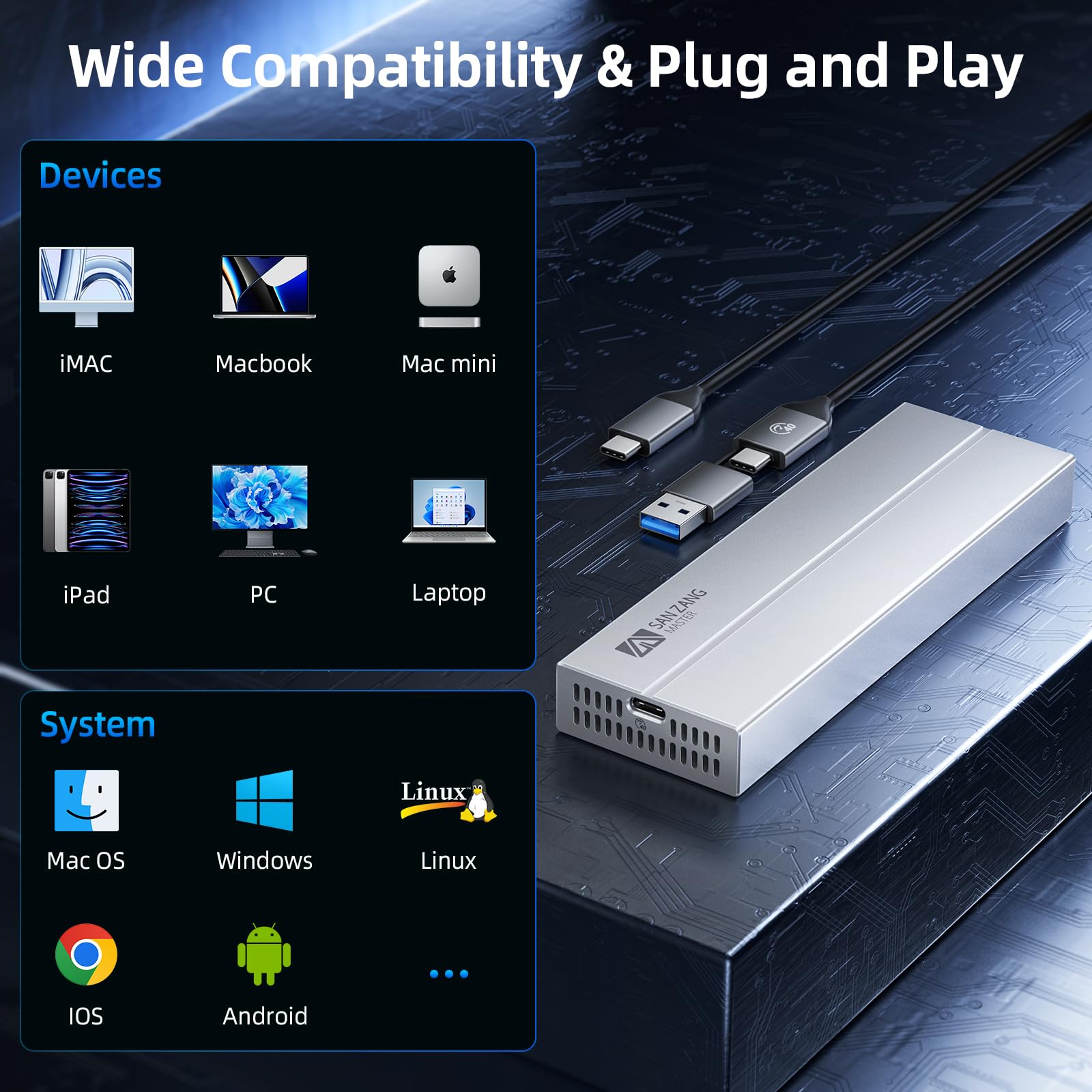 SAN ZANG MASTER USB 4 M2 Enclosure 40Gbps NVMe Enclosure Aktiv gekühltes NVMe Gehäuse mit Lüfter (Kein SATA) - USB4/Thunderbolt 4 - Nur für m2 ssd gehäuse - Für Mac/PC, Alu, Silber - Ohne SSD
