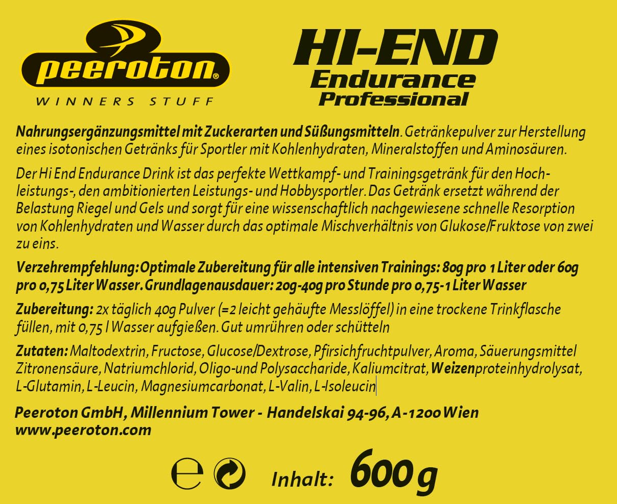 Peeroton Hi End Endurance Professional Pfirsich - Isotonisches Getränkepulver - hochwertig abgestimmte Kohlenhydrat Mischung mit BCAAs und Glutamin, Optimales Natrium-Kalium Verhältnis - 600 g