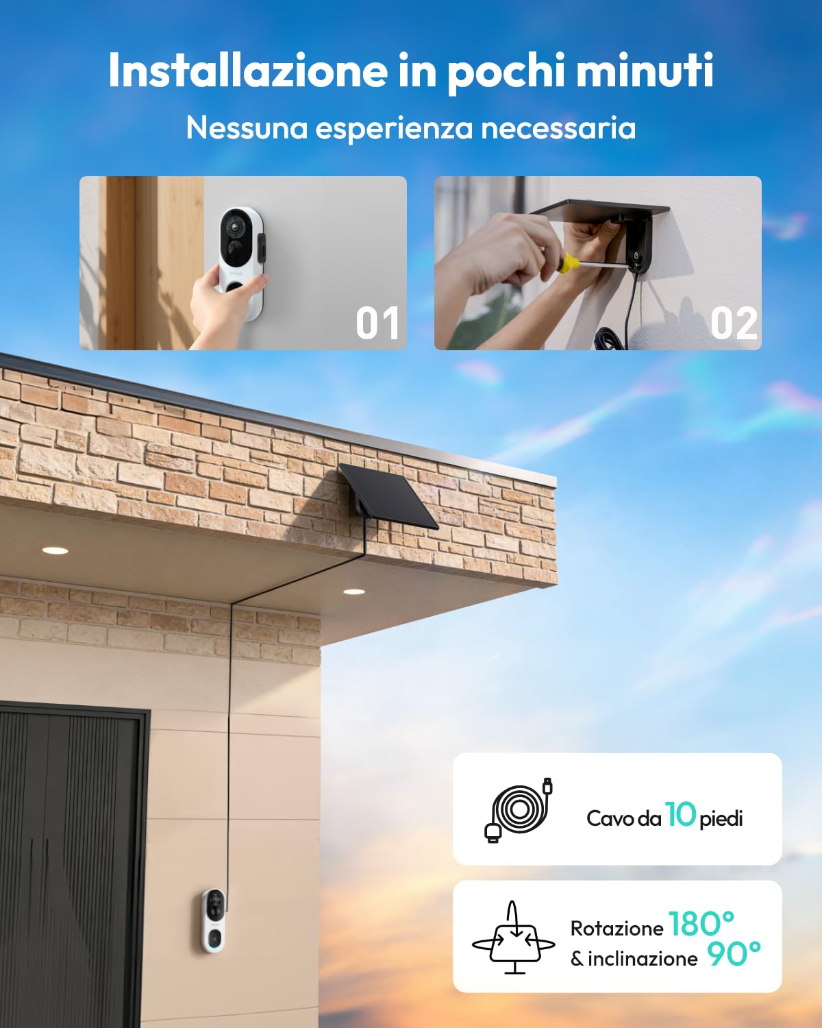 BOTSLAB Videocitofono Impermeabile 2K con Pannello Solare, WiFi a 2,4 GHz | Videocitofono con Alimentazione Continua, Visualizzazione 1:1 testa-piedi, Audio Bidirezionale, Rilevamento di Presenza umana
