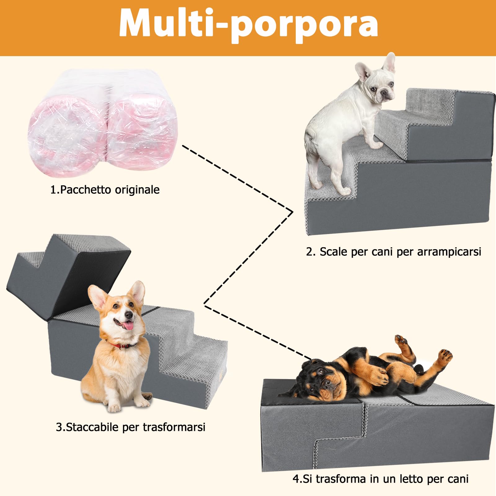 Nepfaivy Scaletta per Cani - Scala per Cani e Gatti per Salire sul Letto, Gradini con Copertura Rimovibile e Lavabile, Grigio, 61x40x45cm