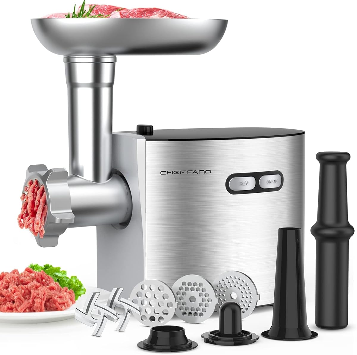 CHEFFANO Meat Grinder, 2600W Max Stainless Steel Food Grinder Electric, ETL Approved Heavy Duty Meat Mincer Machine with 2 Blades, 3 Plates, Sausage Stuffer Tube & Kubbe Kit for Home Kitchen Use