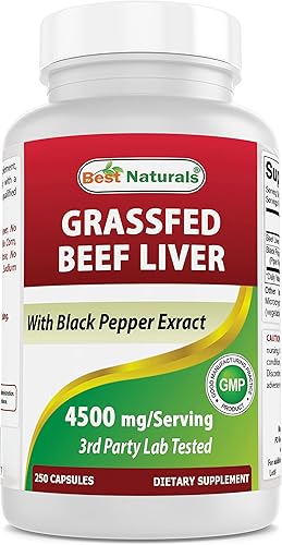 Best Naturals Cápsulas de hígado de carne alimentada con pasto, 4500 mg, 250 unidades, suplemento desecado, producción de energía, desintoxicación,