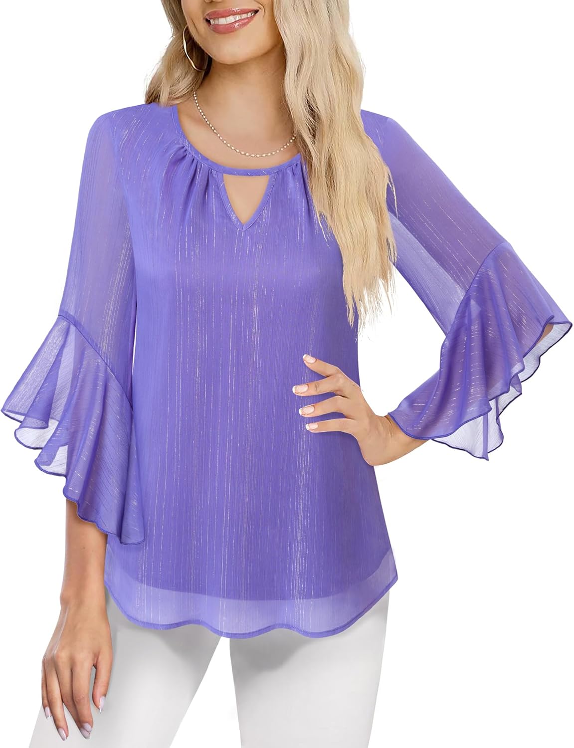 VALOLIA Women's Dressy Tops Elegant Chiffon Blouses 3/4 Ruffle Sleeve Sparkly Cocktail Tops Work Shirts Crewneck