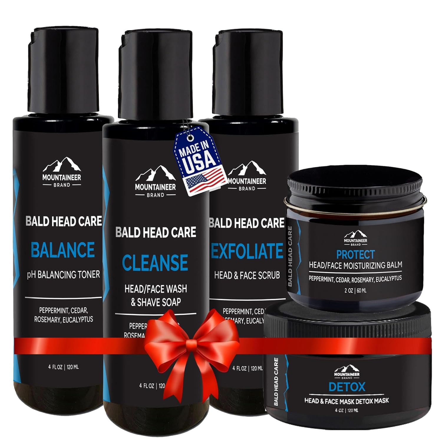 Mountaineer Brand Ultimate Bald Head Care Gifts Bundle For Men | All Natural 5 Step Skin Care for Healthy Scalp & Face | Exfoliate Scrub | Cleanse Wash | Shine Away | Moisturizing Balm | Detox