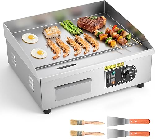 Miniatura 16 de VEVOR Plancha eléctrica comercial, 21 x 11.8 pulgadas, 1750 W, control de temperatura ajustable de 122-570 °F, parrilla superior plana de acero