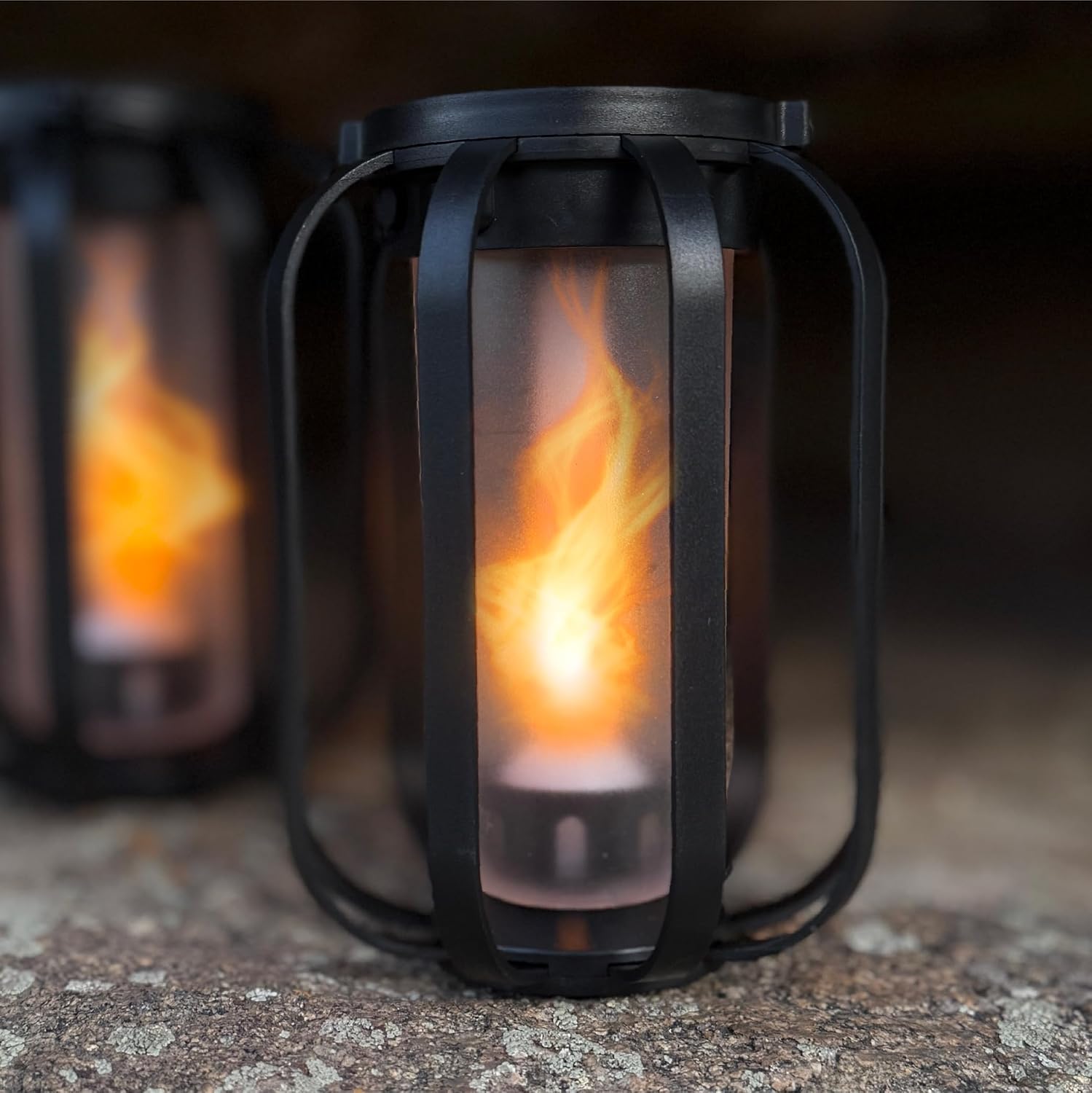 FoxFlame Modern Solar Lanterns Outdoor Waterproof - Patented Flickering LED Flame Effect, IP65 Waterproof, Matte Black Finish, Hanging Solar Lights for Outside for Patio, Garden, Porch(2 Pack)