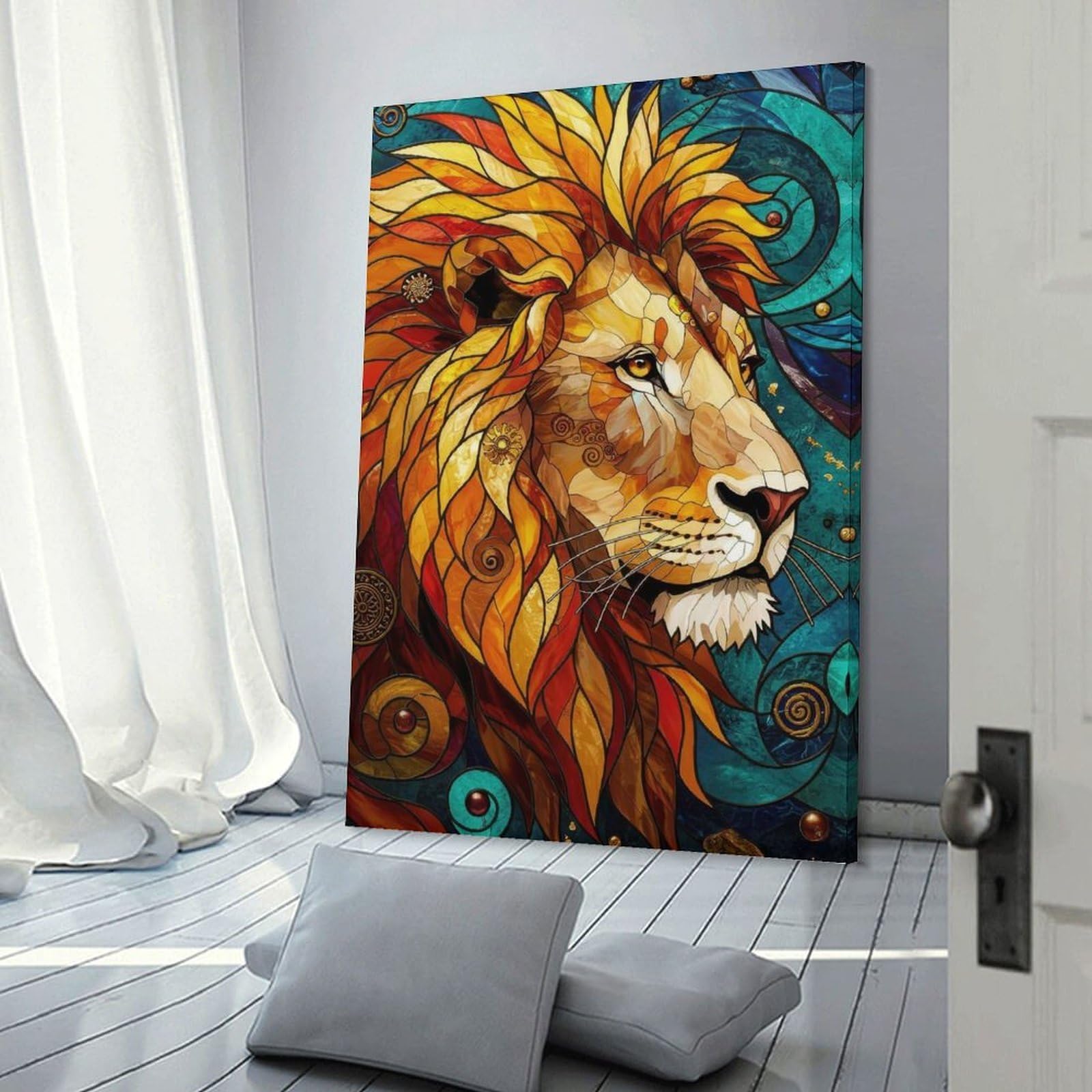 Junmoney Stained Glass Lion Decorative Canvas Print, 24x36inch(60x90cm), for Gallery Wall Decor And Room Displays, Wall Decor Suited to Curated Displays
