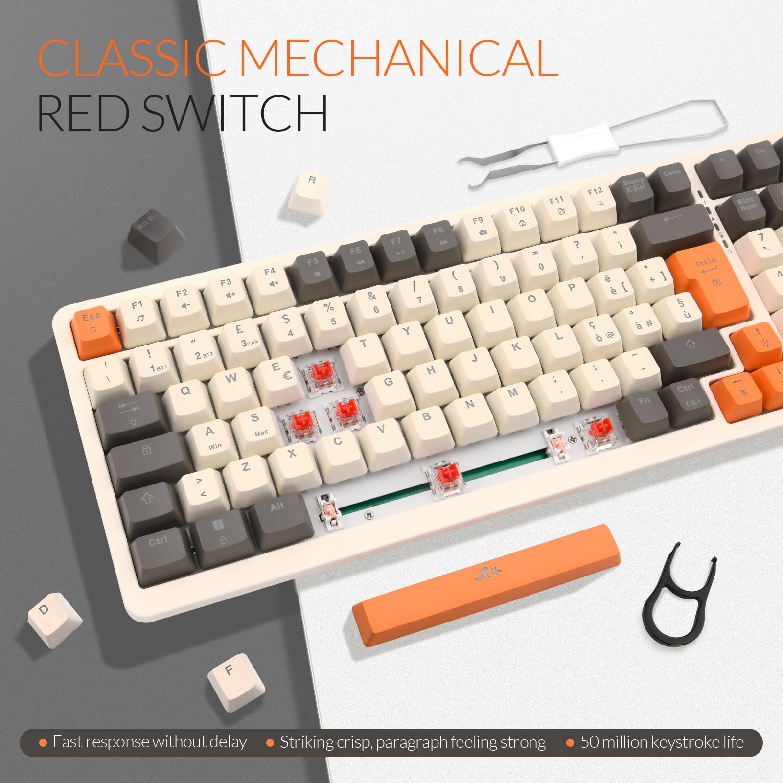 Rii Gaming RK909 - Tastiera meccanica silenziosa con tripla connessione (Wireless + Bluetooth + USB), batteria ricaricabile, retroilluminazione RGB, anti-ghosting, tasti smontabili, cover magnetica