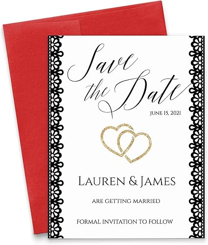 Modern Pink Paper Black Lace Save the Date Wedding, Personalized Save the Date Hearts, Black and Gold, Your choice of Quantity and Envelope Color