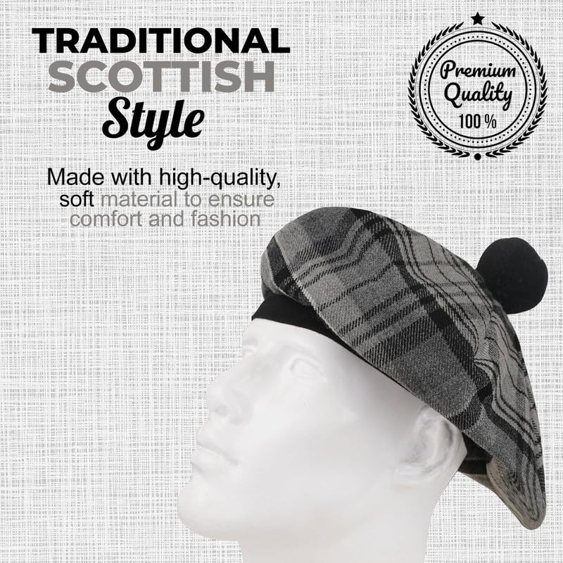 Image of Scottish Tam O' Shanter Hat Tartan Bonnet Pom Pom Wool Flat Cap One Size