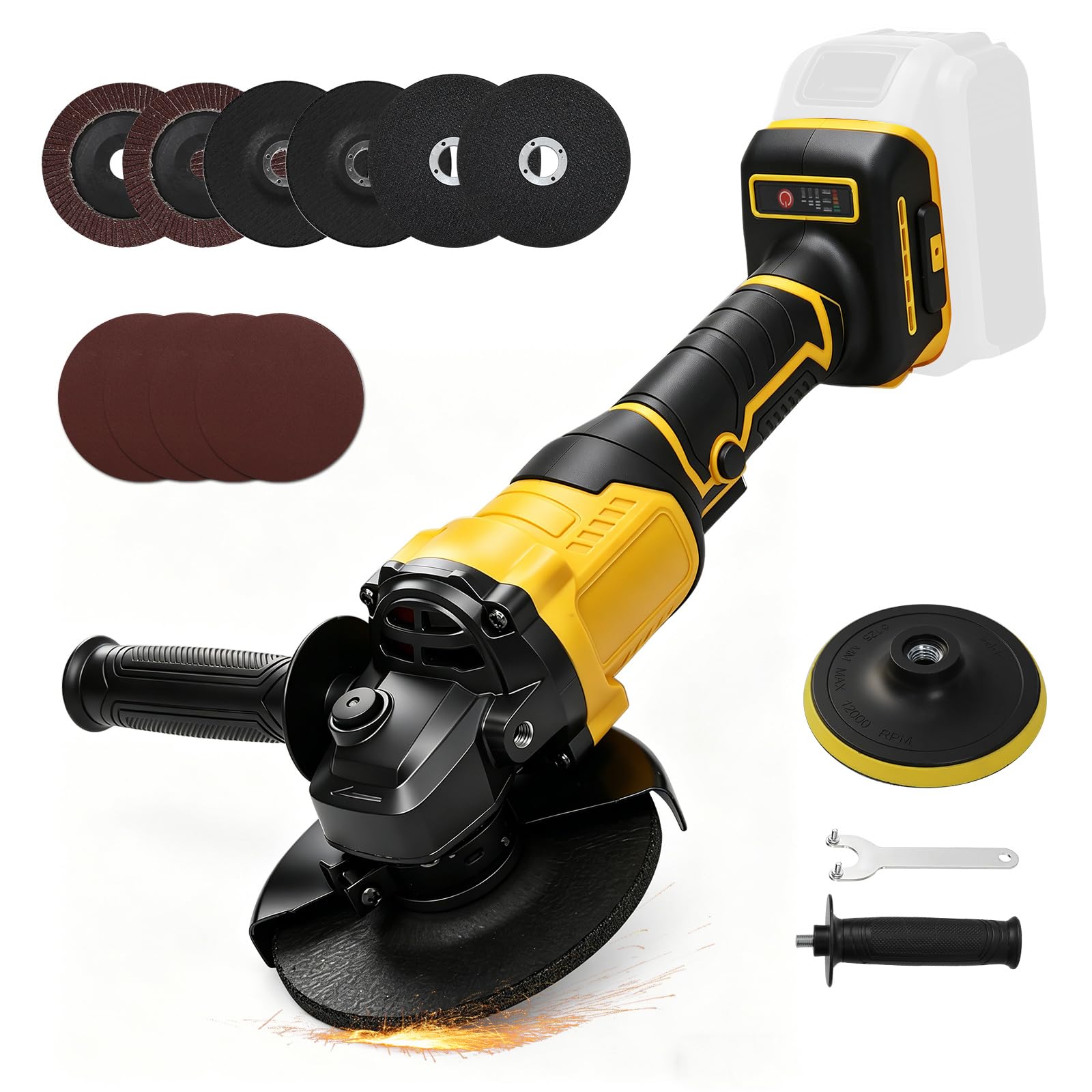 Cordless Angle Grinder Compatible with DEWALT 18V 20V Batteries, 800W 5025 Brushless Metal Grinder with 3 Variable Speed 125mm Handheld Grinding Tool for Cutting Grinding Polishing