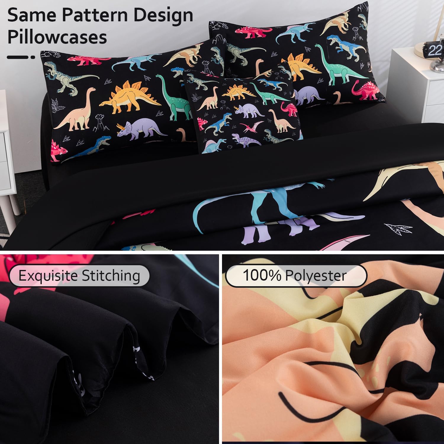 Dinosaur Bedding Set Full Size, 6Pcs Black Comforter Set for Boys Kids Teens Girls, Cute Colorful Jungle T-Rex Pattern Bed in A Bag with Sheet Set for All Seasons (Dinosaurs, Full)