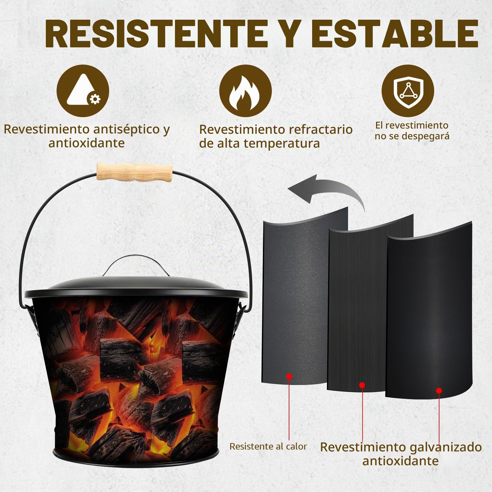 Cubo Tapa, 6L Cubo Cenizas con Tapa, Accesorio Chimenea con Pala, Escoba, Cubo de Cenizas de Metal para chimeneas, Estufas de leña, Carbón y Ceniza