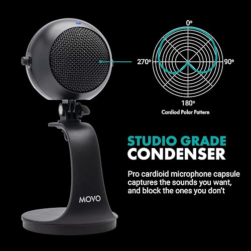 Miniatura 5 de Movo WebMic - Micrófono USB con soporte de escritorio en negro, micrófono de computadora de condensador cardioide para PC y Mac con ganancia de