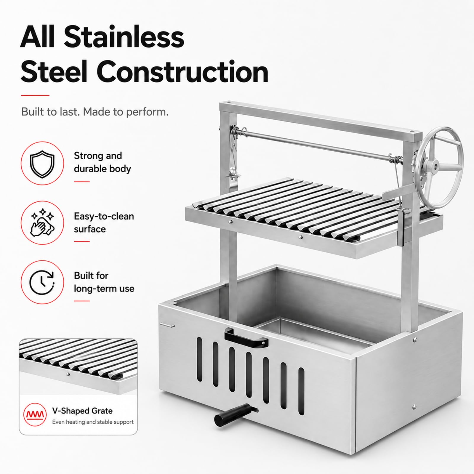 Grill in Stile Argentino, Barbecue da Esterno 201StainlessSteel | Altezza regolabile per controllare la temperatura, griglia a V per lo scolo dei grassi; per 3–5 persone