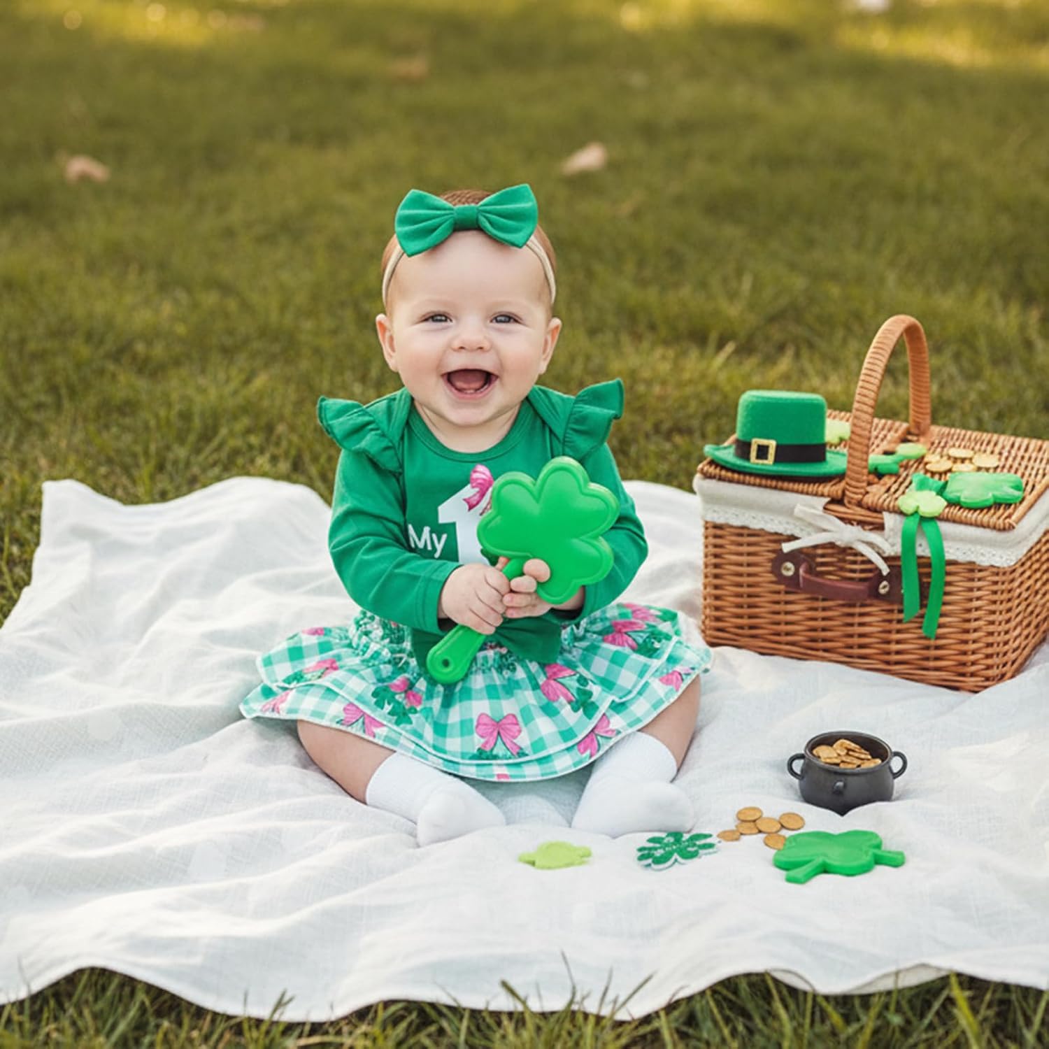 My First Easter Baby Girl Outfit Easter Letter Print Romper + Plaid Skirts+Leg Warmers+Headband 4Pcs Summer Clothes - Image 3