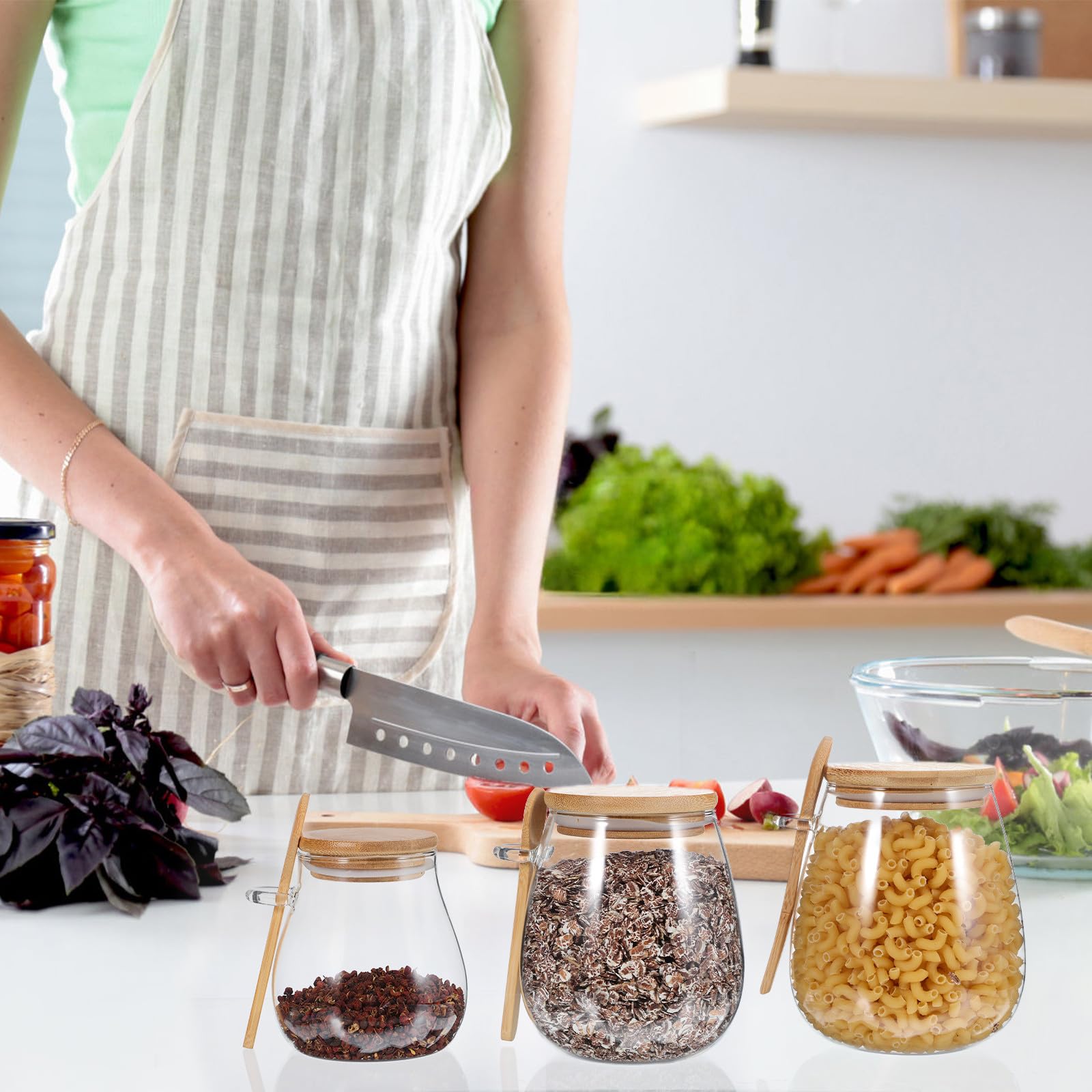 3 Stück Vorratsglas aus Glas mit Holzdeckel und Löffel Luftdichte Aufbewahrung für Tee und Overnight Oats Elegante Sichtbarkeit und Praktische Dosierung