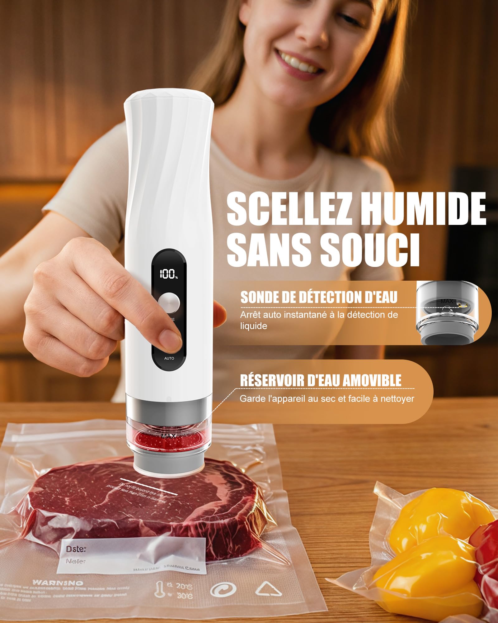 Babacom Portable Machine Sous Vide Alimentaire avec Réservoir Visible, 60kPa Ultra-Puissante, Scellage Auto & Mode Pulse pour Aliments Délicats, Pompe Sous Vide Compacte avec 20 Sacs Réutilisables