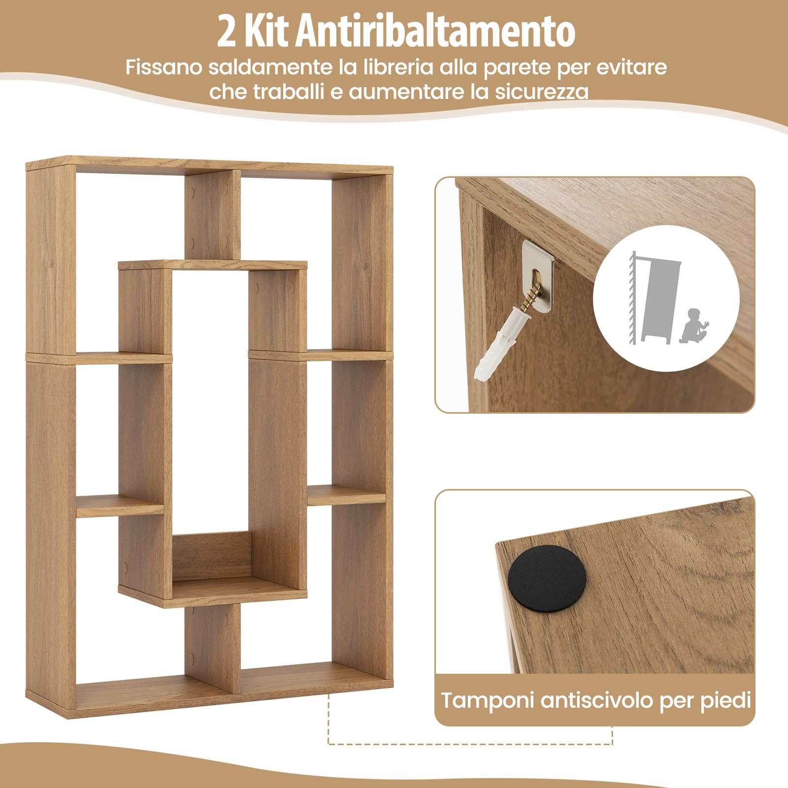 COSTWAY Libreria in Legno, Scaffale Aperto Geometrica a 7 Cubi, Scaffale da Esposizione con Dispositivo Anti-Ribaltamento, per Ufficio Soggiorno Camera da Letto, 60x20x90 cm (Naturale)
