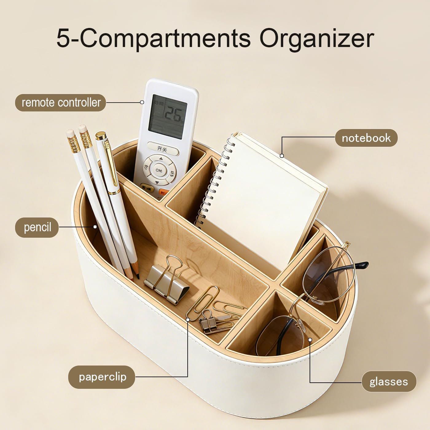 KINGFOM Organizador de escritorio de piel, portalápices con 5 compartimentos, ovalado organizador de oficina para bolígrafos, mando a distancia y accesorios, negro, para oficina y oficina en casa