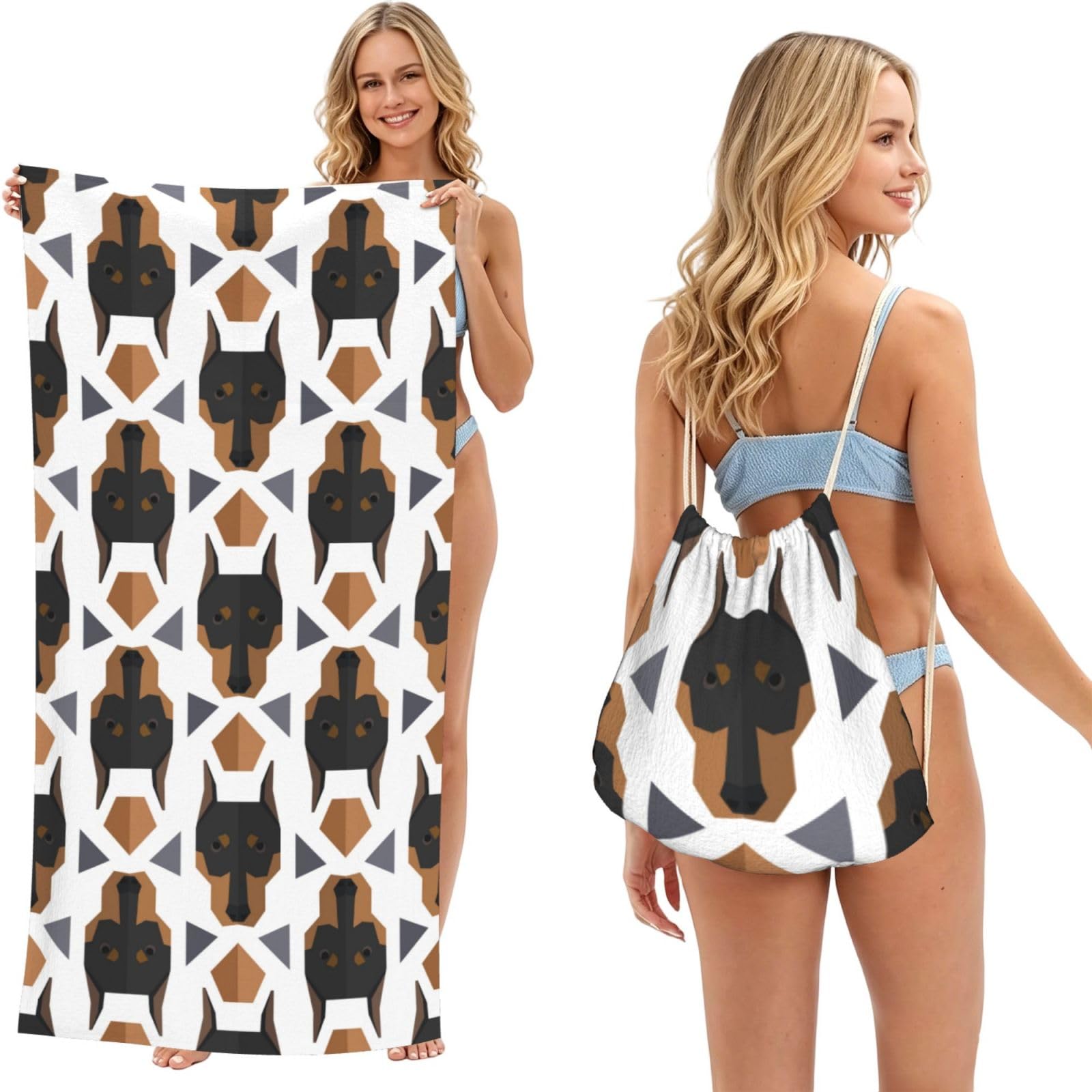 Poadnly As Picture Polygonal Pattern Doberman Head, 2 In 1 Packable Towel Bag, Beach Towels With Drawstring Backpack For Travel Holiday Camping