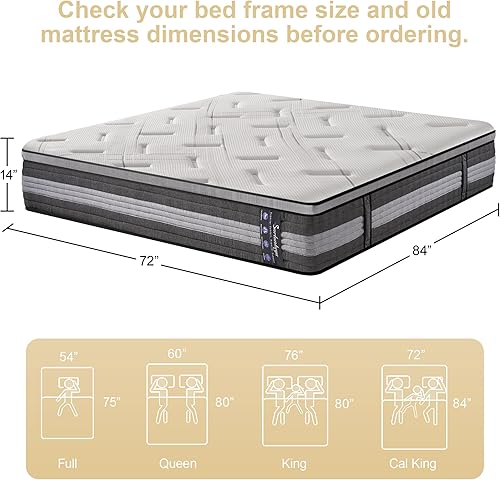 Miniatura 2 de Colchón híbrido de 14 pulgadas, colchón tamaño California King, firmeza media con espuma viscoelástica, resortes individuales para aislamiento de