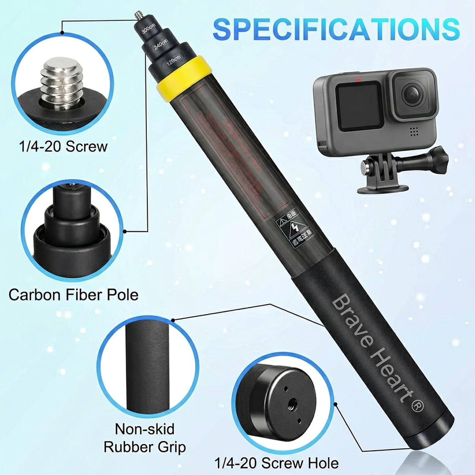 Bastone per selfie invisibile esteso in fibra di carbonio da 3 m per Insta360 X4, X3, X2, ONE RS, ONE R, One X5, palo ultra leggero e rigido per fotocamere panoramiche e accessori d'azione