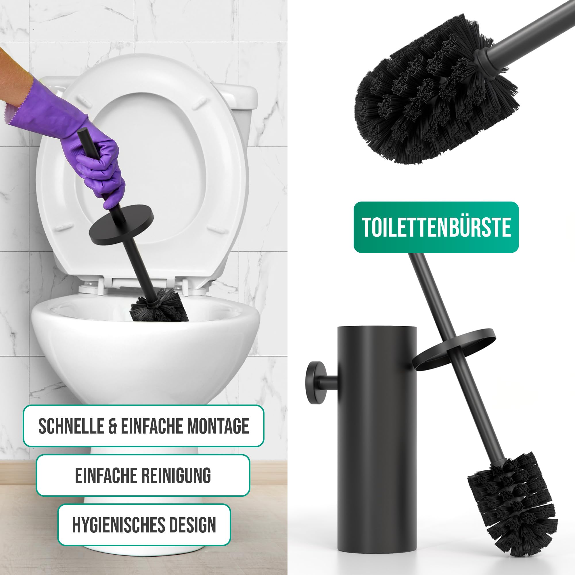 Avalo Toilettenzubehör Set Schwarz 4-teilig - Luxus-Toilettengarnitur - Toilettenbürste mit Halter/Toilettenpapierhalter/Ersatzpapierhalter/Handtuchhaken - inkl. Befestigungsmaterial