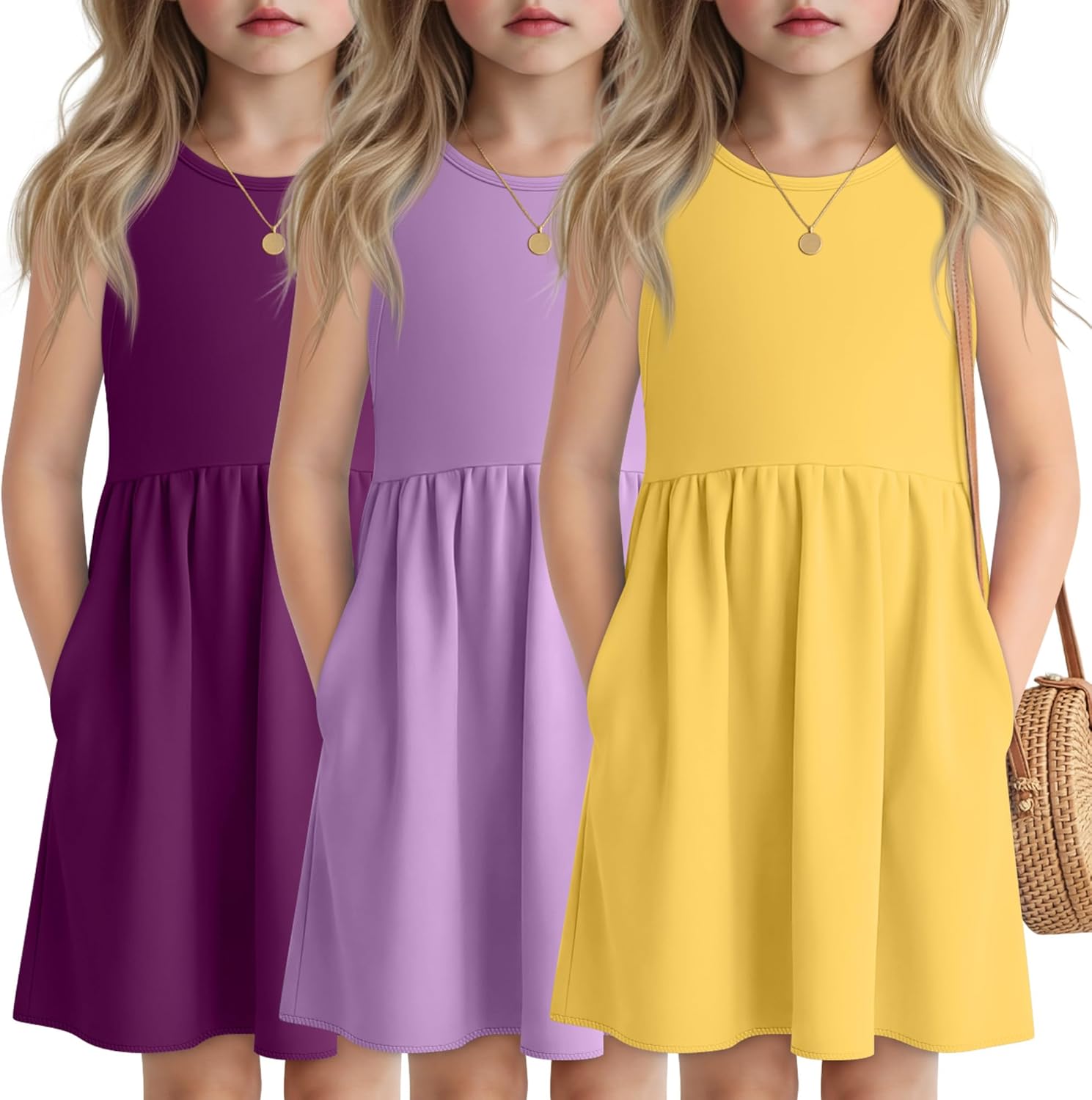 3 Pack Girls Sleeveless Summer Dresses 4T-13Y 2 Pockets Midi Tank Sundress Kids Casual Crewneck Loose Beach Dress