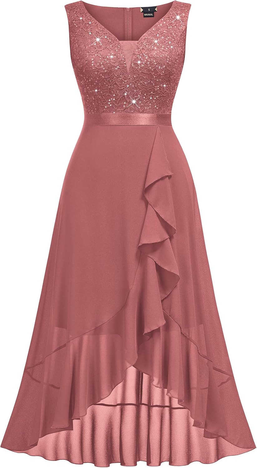 Miusol Women's Vintage V-Neck Sleeveless Sequined Floral Lace Ruffle Split Evening Party Dress - Image 4