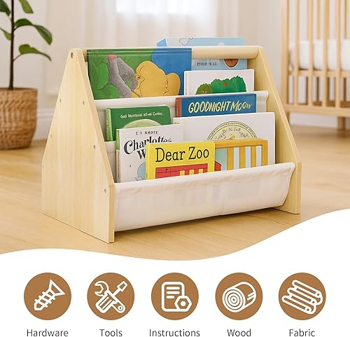 Miniatura 5 de 19" Toddler Bookshelf, 6-Tier Double-Sided Kids Bookshelf, Montessori Bookcase for Toddlers with Deep Fabric Pockets, Natural Wooden Toy Storage