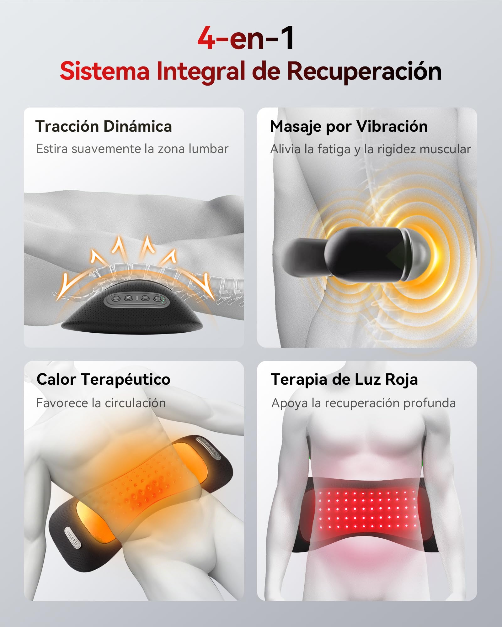FliKEZE 4 en 1 Cojín de Masaje Lumbar con Luz Roja 5000mAh | Cojín de masaje inalámbrico y recargable con calor, vibración y soporte de aire para uso en casa, oficina y viaje