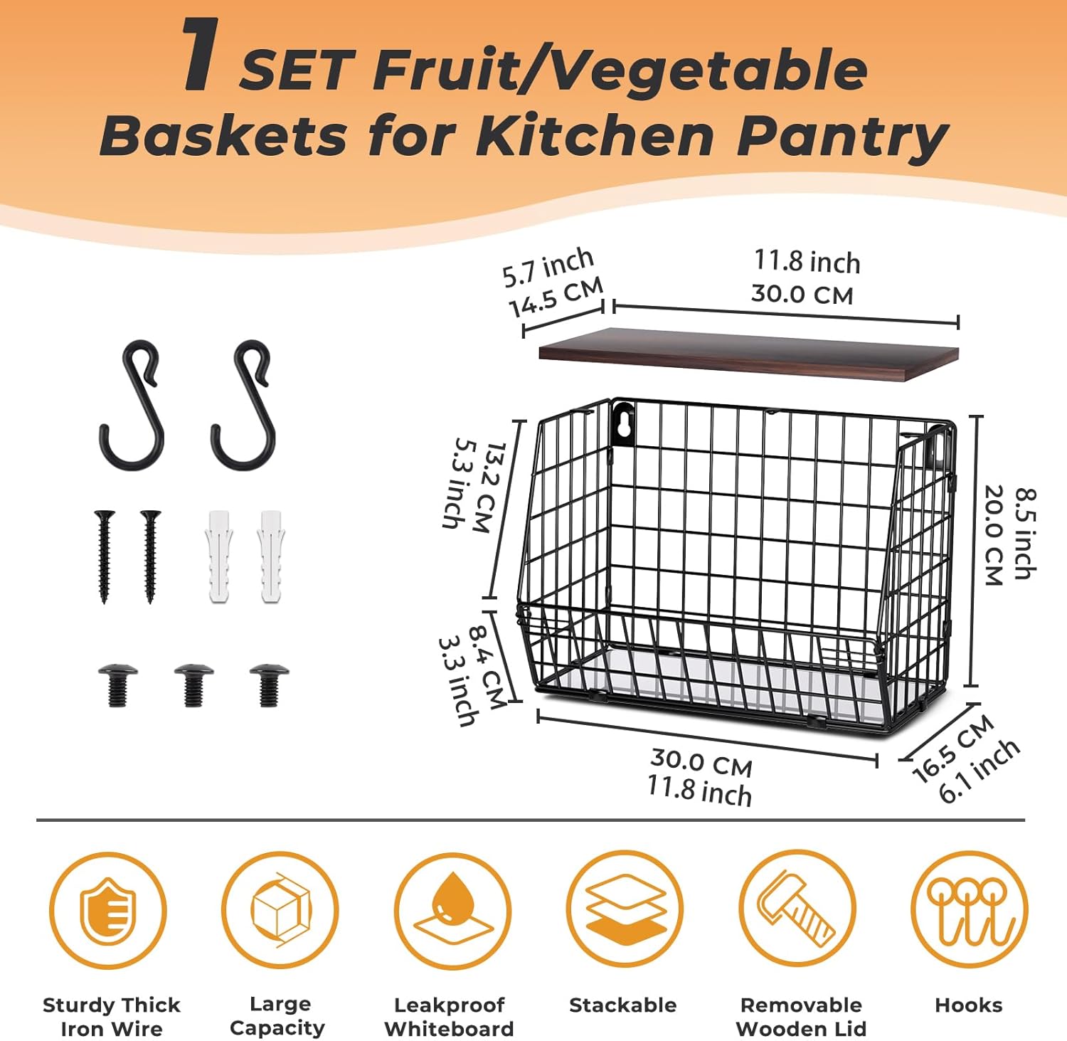 Fruit Bowl for Kitchen Counter Stackable Wall Mounted Hanging Basket Wire Basket with Wood Lid with Banana Hanger Hooks, Onion,Potato,Fruit and Vegetable Storage - Image 4