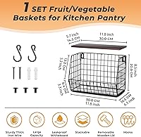 Vista 4 de Frutero apilable para encimera de cocina, cesta colgante montada en pared, cesta de alambre con tapa de madera con ganchos para colgar plátanos