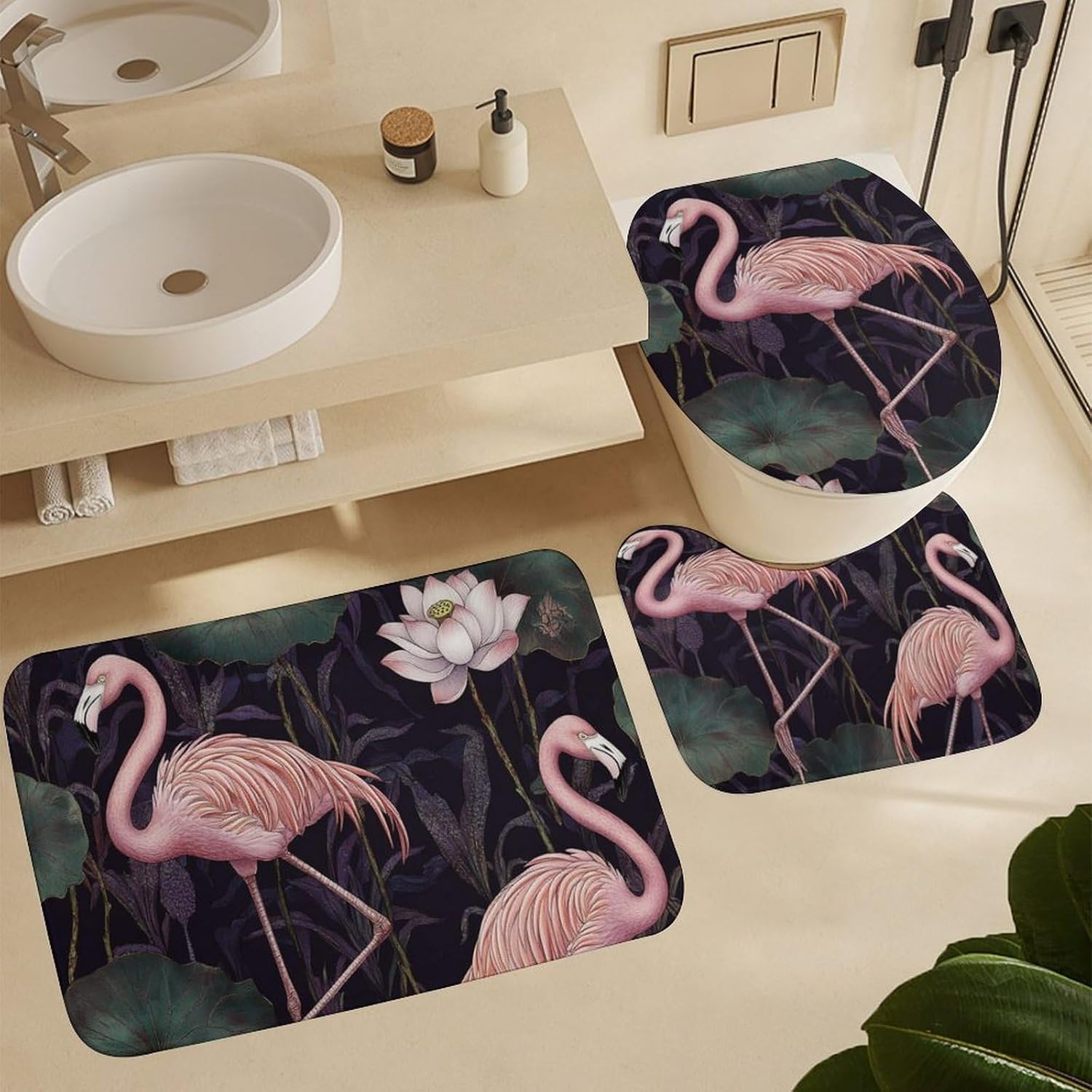 4Pcs Flamingo Bird Theme Shower Curtain Sets with Rugs, Toilet Lid Cover and Bath Mat, Rustic Lotus Floral Leaves Bathroom Shower Curtains Set with 12 Hooks