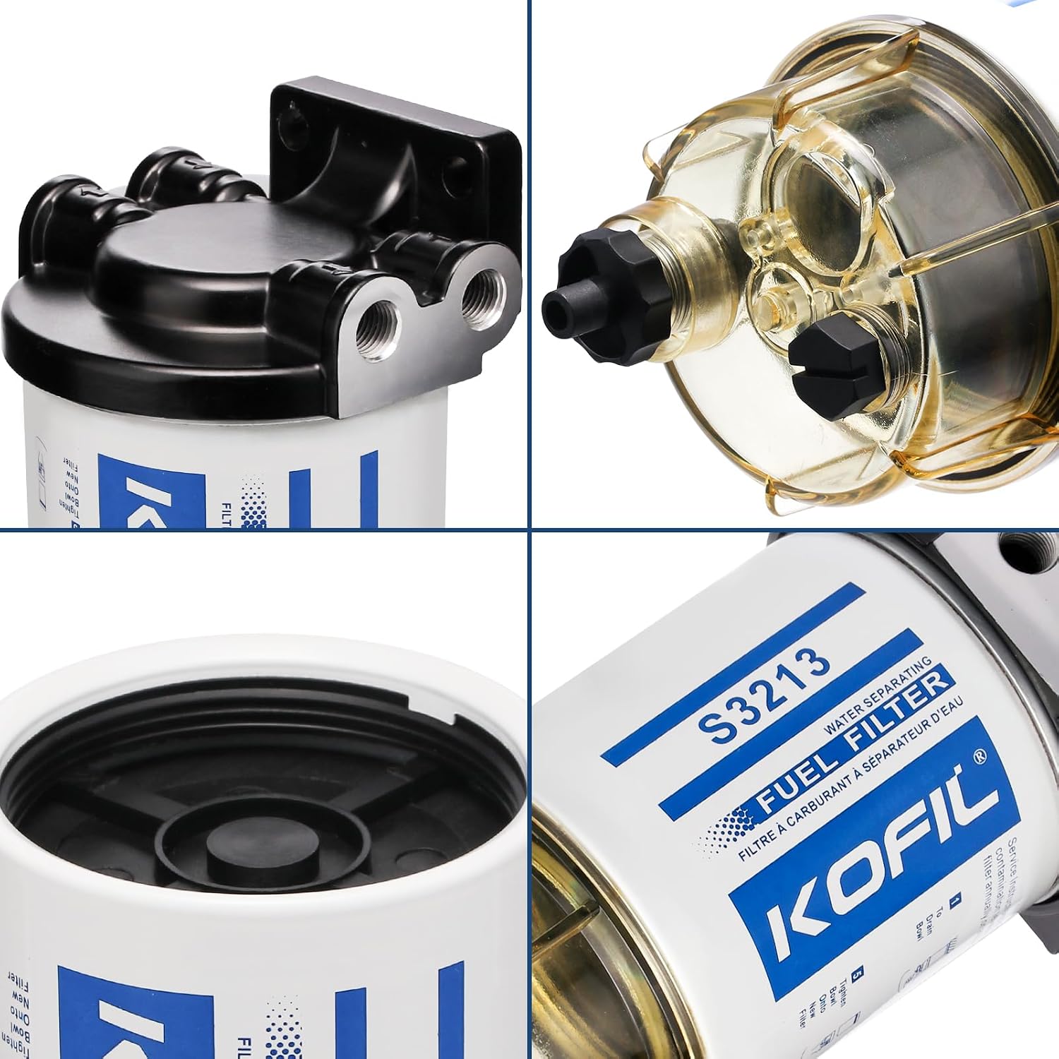 S3213 Fuel Water Separator Marine Assembly, for Outboard Motor Marine Engine, with 2 3/8" Barb × 1/4" NPT Fittings 2 Plugs 2 Hose clamps,10 Micron, Replaces# 35-60494-1 18-7932-1 35-809097