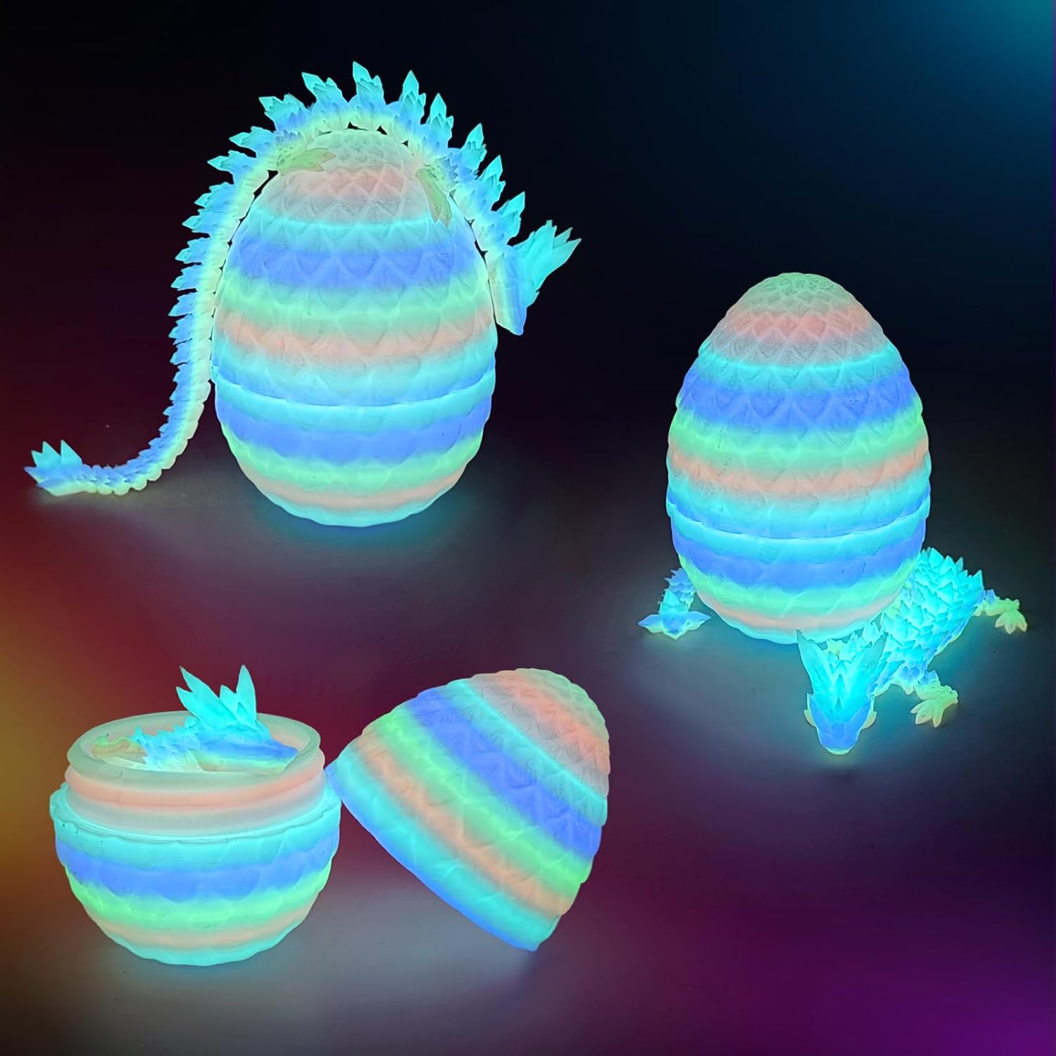 3D Printed Dragon Egg - Glow Rainbow - Large 12" Flexible Crystal Dragon with Egg, Desk Pet Fidget Toy, Christmas Stocking Stuffers, Birthday, Graduation Gift for Kids, Teens & Dragon Lovers