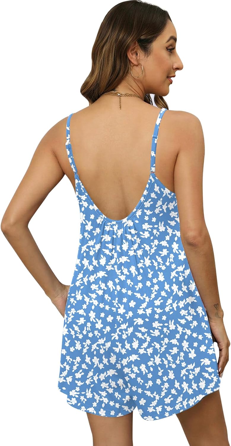 Ekouaer Summer Rompers for Women Boho Beach Vacation Outfits Sleeveless Loose Shorts Overalls 2026 Jumpsuit With Pockets Blue White Floral M