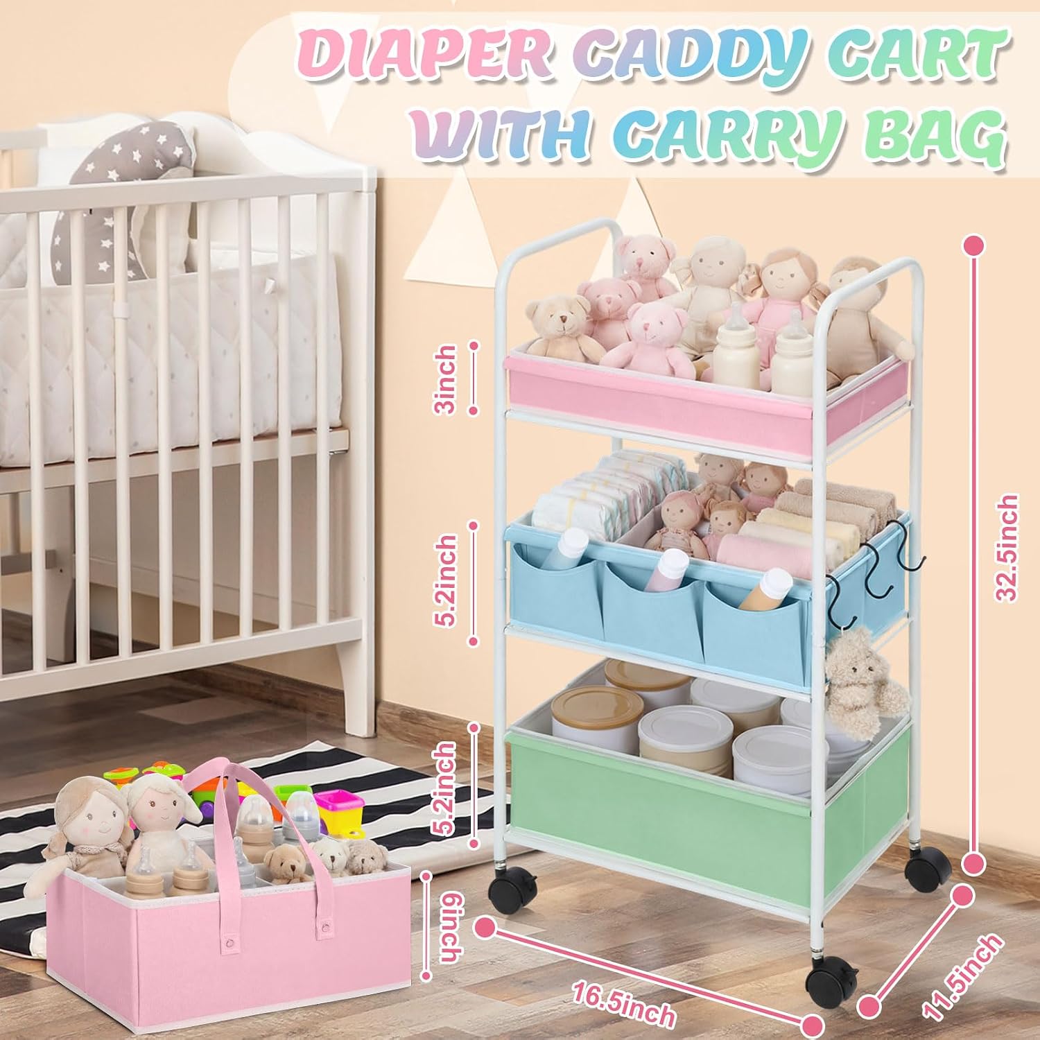 Honeydak 2in1 Baby Diaper Caddy Organizer Cart 3 Tier Large Capacity Metal Utility Bedside Rolling Cart with Divider Newborn Registry Nursery Essential Must Have Crib Bedroom Baby Shower(Colorful)