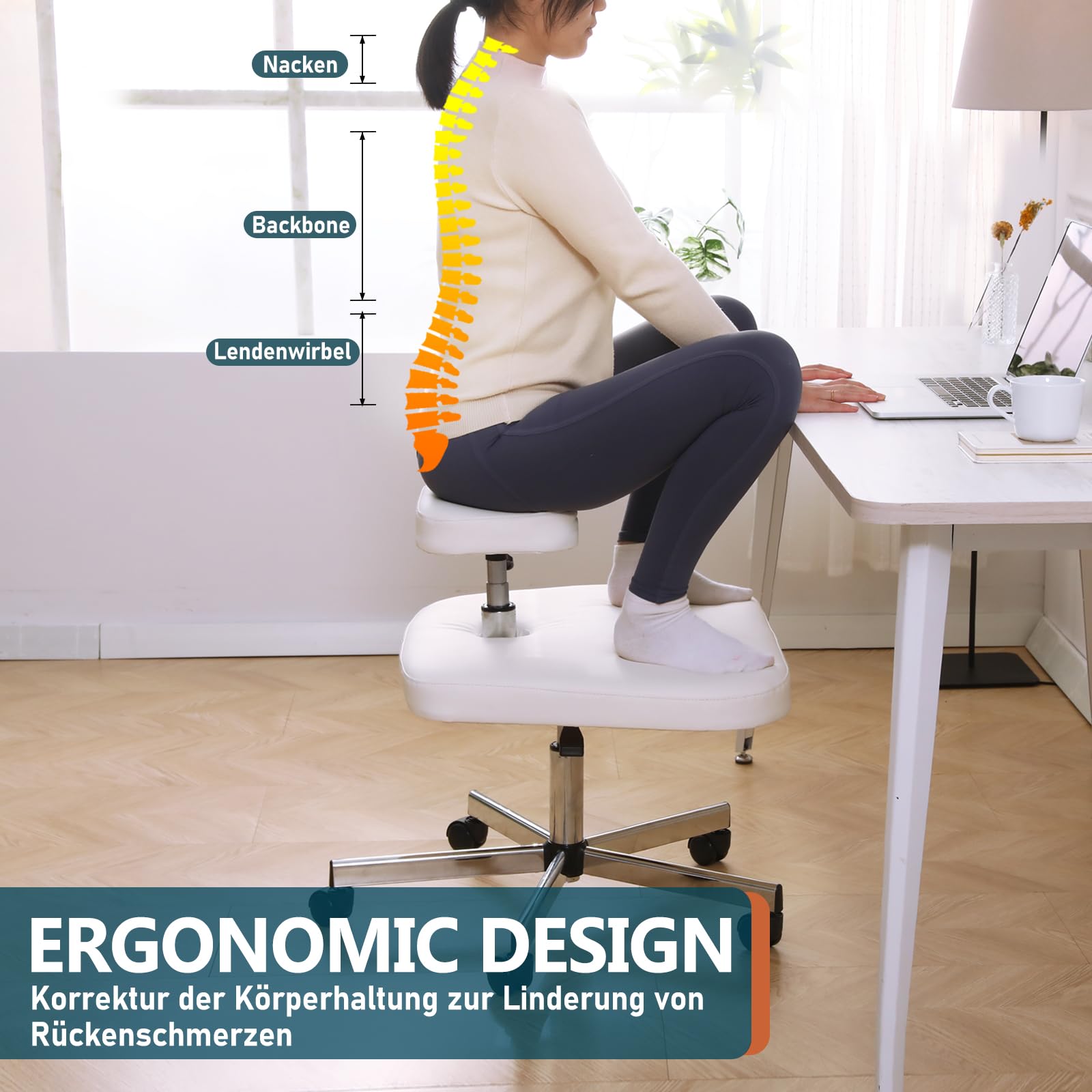 Ergonomischer kniestuhl für Büro oder Zuhause, höhenverstellbarer Schreibtischstuhl aus Leder für Computerarbeiter, Yoga-Enthusiasten, Meditationsfanatiker (weiß)