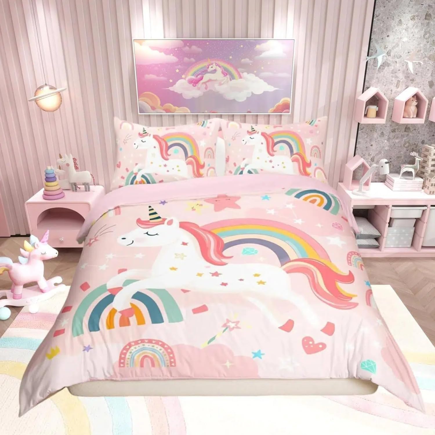 Housse de couette 140x200 fille licorne rose pour lit enfant avec taie d'oreiller arc-en-ciel