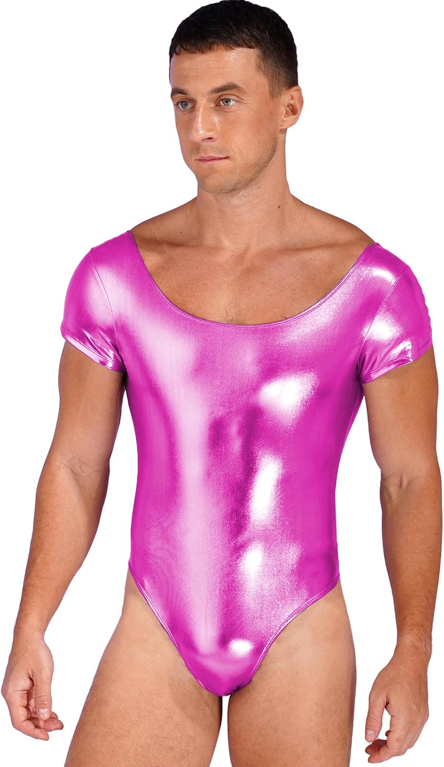 Men's Shiny Patent Leather Bodysuit Short Sleeve One-piece Leotard Dancewear Swimwear