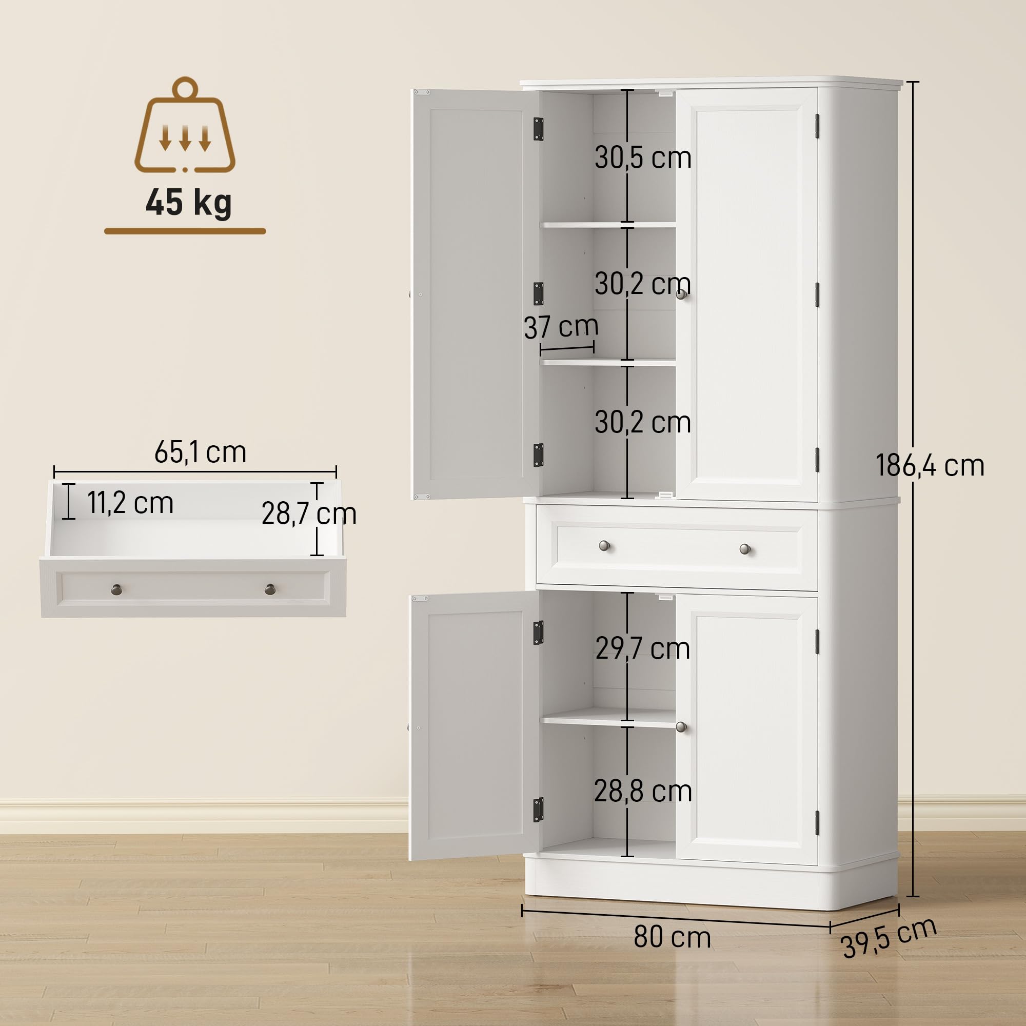HOMCOM Küchenschrank 186,4 cm Hochschrank Buffetschrank mit 4 Türen, Schublade und verstellbaren Einlegeböden Vorratsschrank für Küche, Esszimmer, Wohnzimmer Weiß, 80 x 39,5 x 186,4 cm