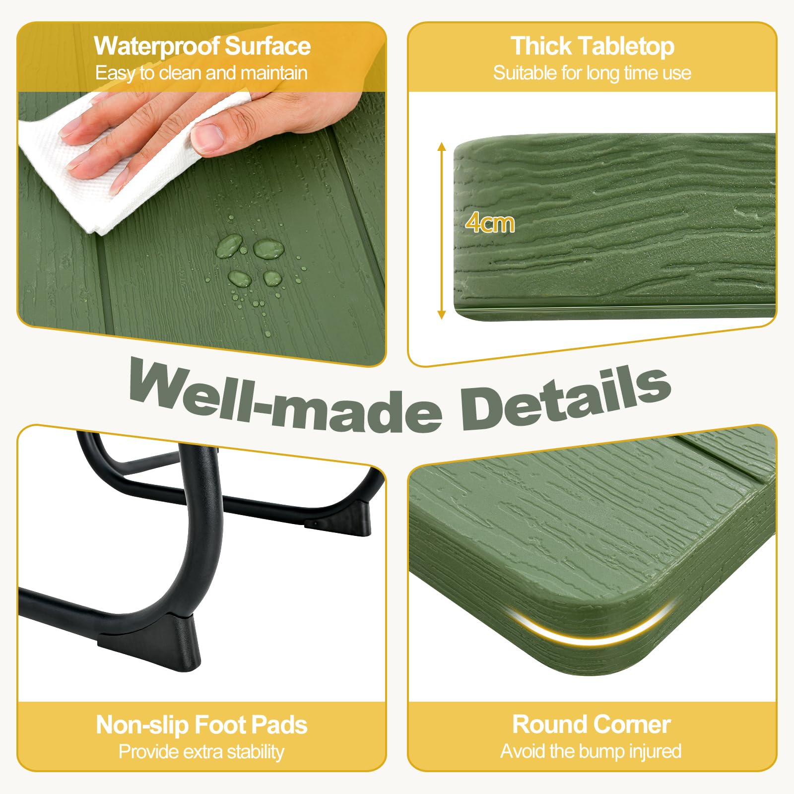 KOMFOTTEU Set Tenda da Birra, Tavolo con 4 Panche da Birra per 8 Persone, Set di Mobili da Giardino con Foro per Ombrellone, Set Tendone da Campeggio in HDPE, Telaio in Metallo (Verde)