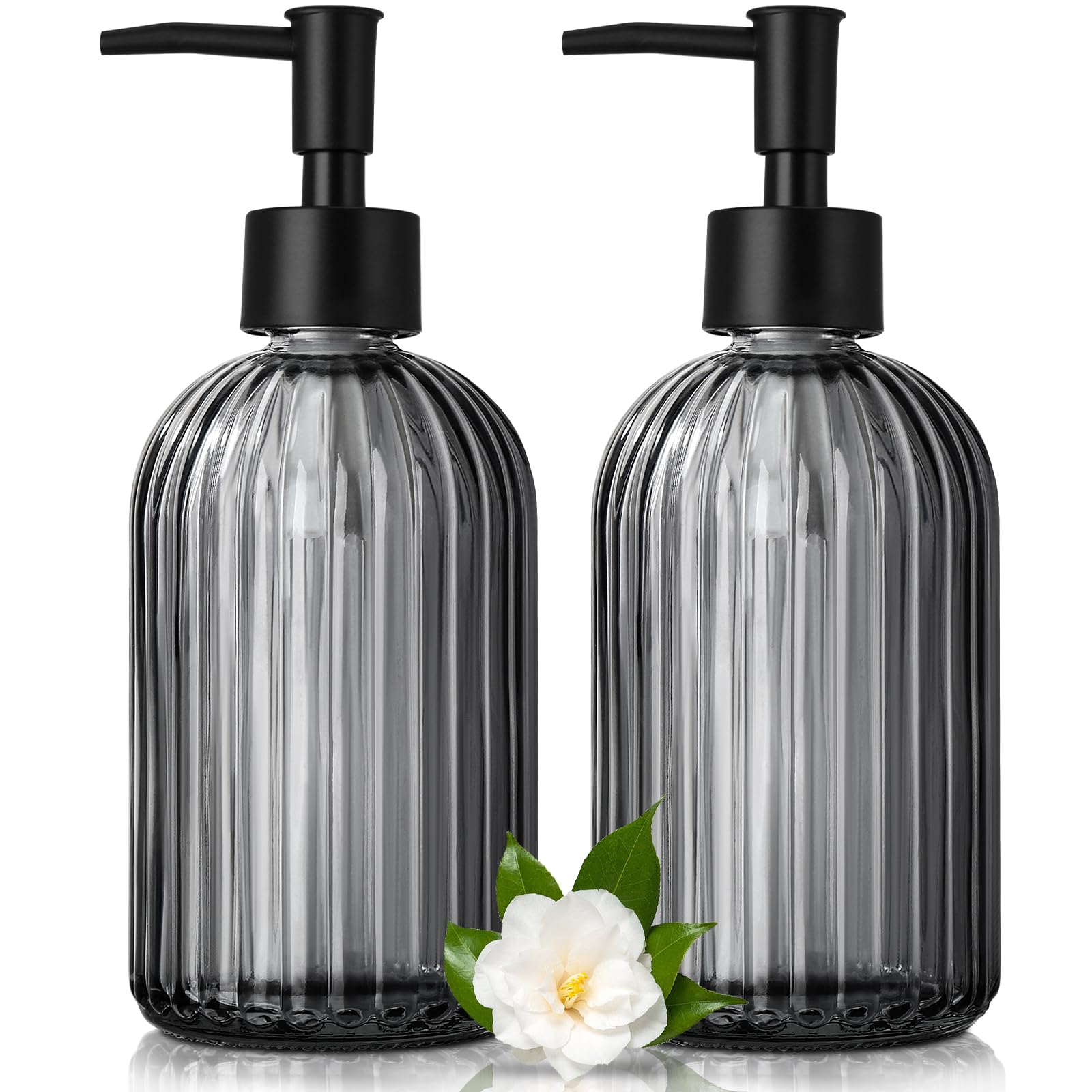 GMISUN Seifenspender, 425ml Schwarz Seifenspender Glas, 2 Stück Soap Dispenser Mit Pumpe, Modern Gestreifter Spülmittelspender Für Bad Und Küche, Pumpspender, Flüssigseifenspender