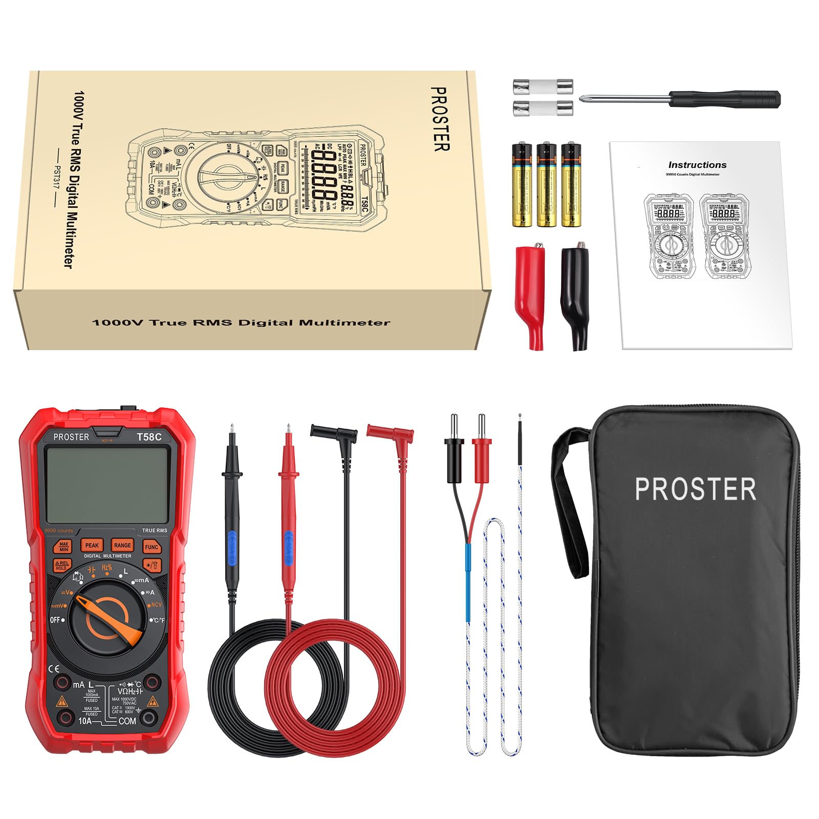 Proster Multimètre Numérique Automatique 9999 Comptes TRMS NCV - Testeur Électrique Inductance, Rappel de Prise, Voltmètre Ampèremètre AC/DC, Tension Courant Capacité Température, Peak - Électricien