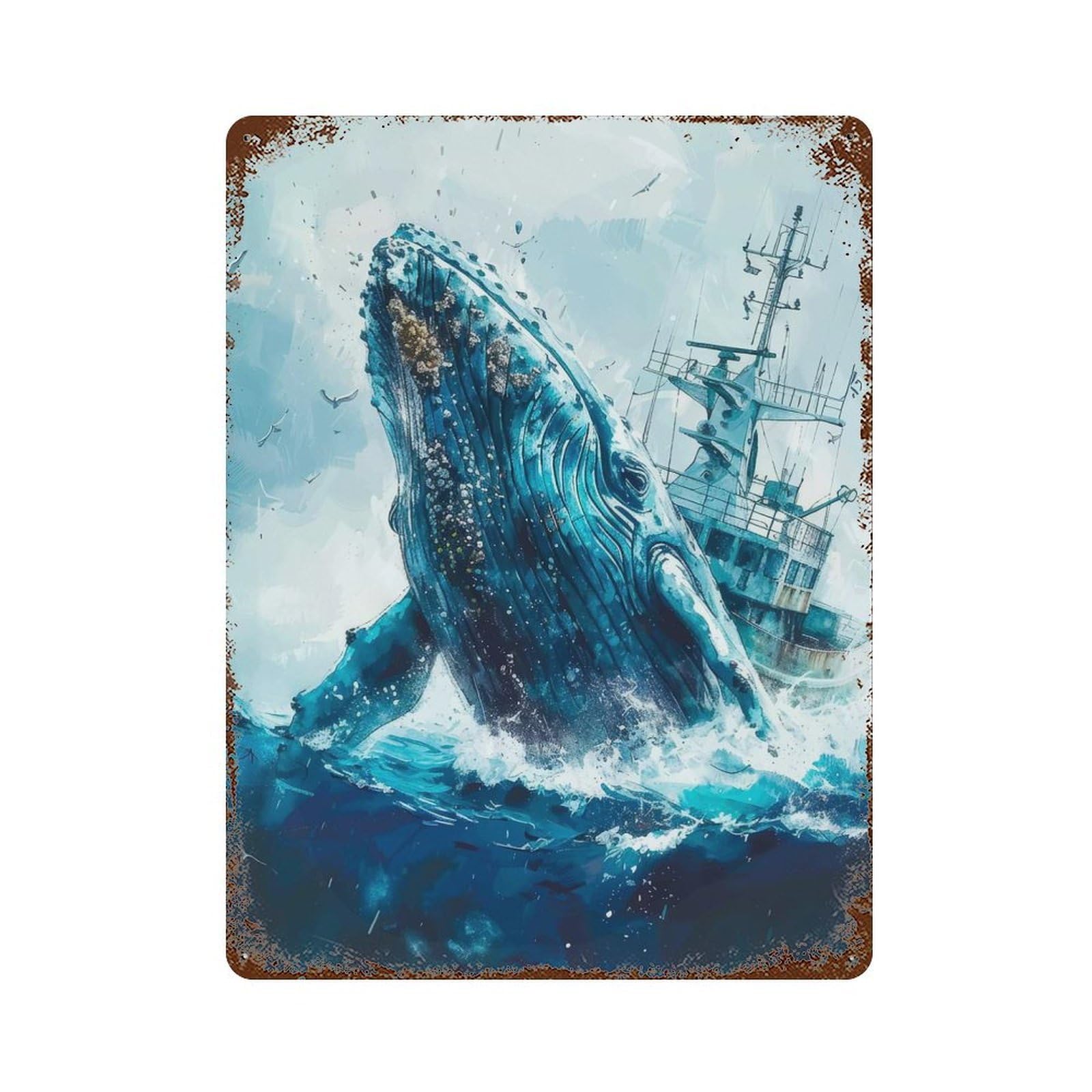 Whale Breaching Ship Rust Effect Tin Sign 15.7"x11.8", Decorative Metal Wall Art for Patio, Garden Room And Bar Decor