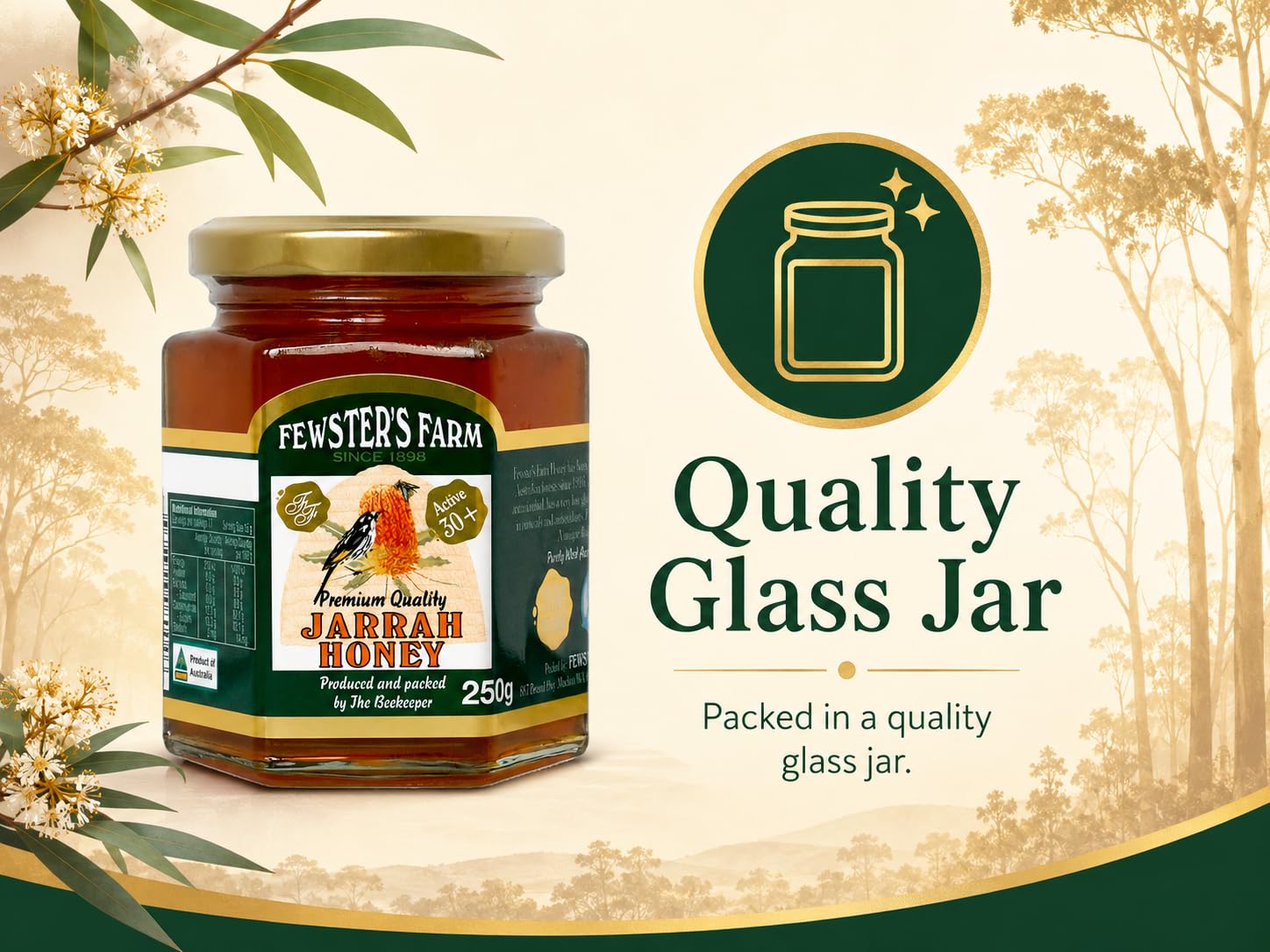 Fewster's Farm TA 30+ Jarrah Honig 500 g – Jarrah-Honig ist Nektar, der von Bienen aus den Blüten des Jarrah-Baums gesammelt wird.